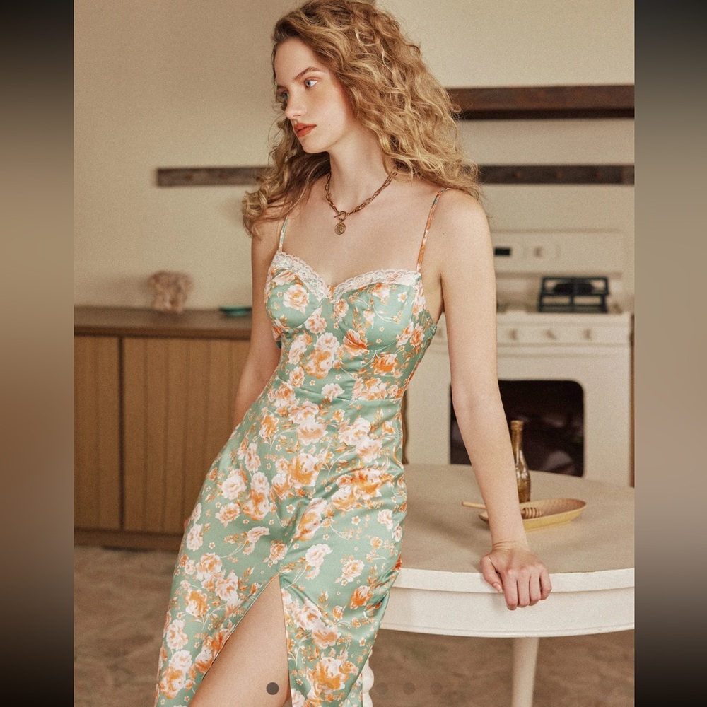 Floral Lace Trim Slip Midi Dress